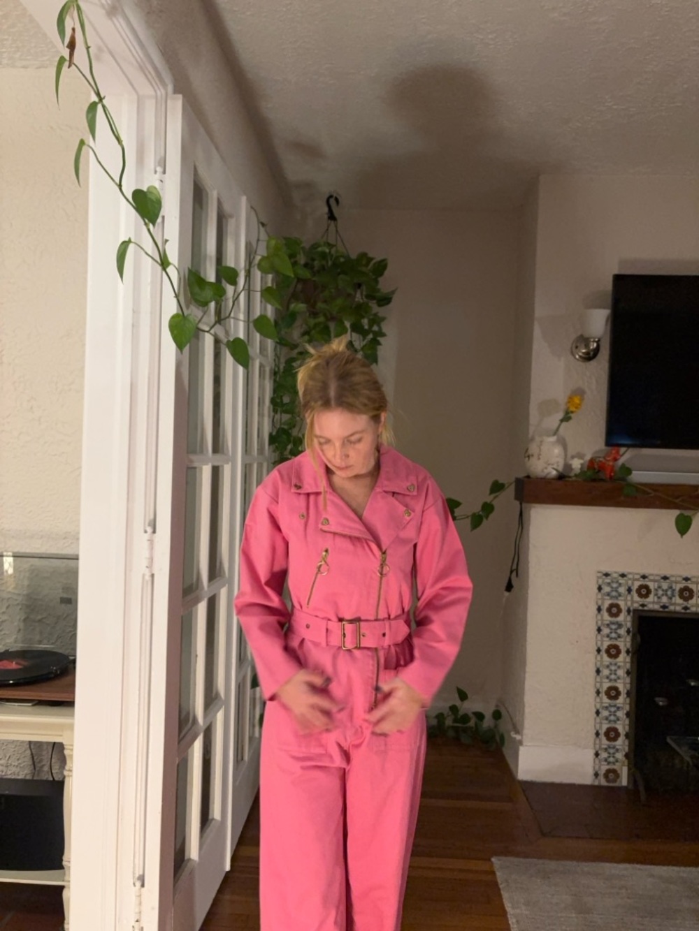 Women's Pink Belted Utility Jumpsuit